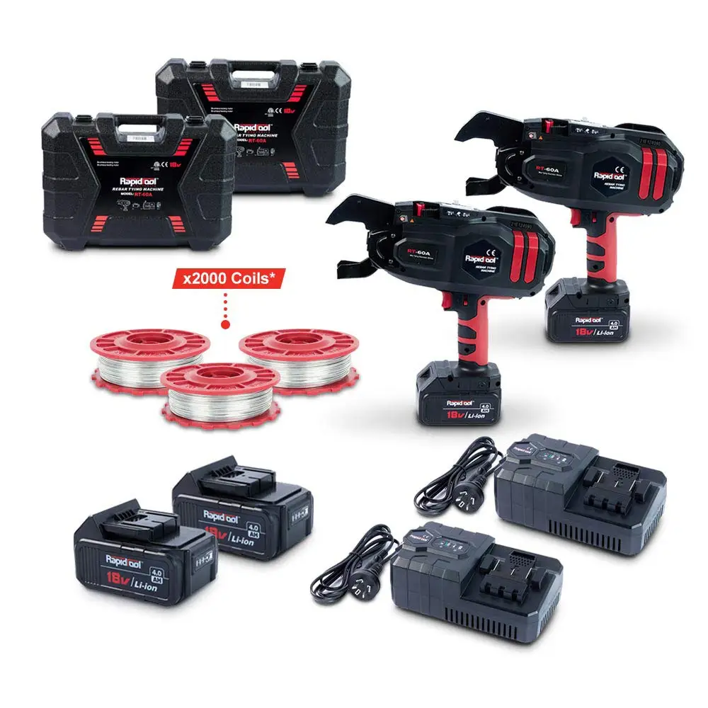 RAPIDTOOL 18V 4 X 4.0AH 2 X RT-60A REBAR TYING TOOL KIT W/ 2000 COILS TWG-2000D